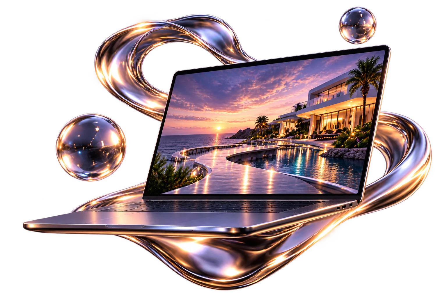 A chrome laptop floating among reflective glass spheres
