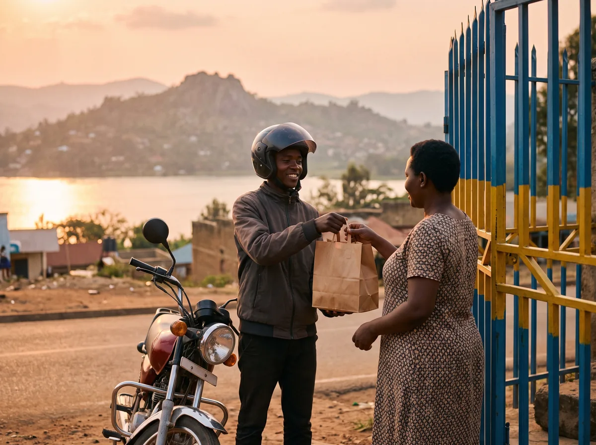 A delivery rider handing a food order to a customer
