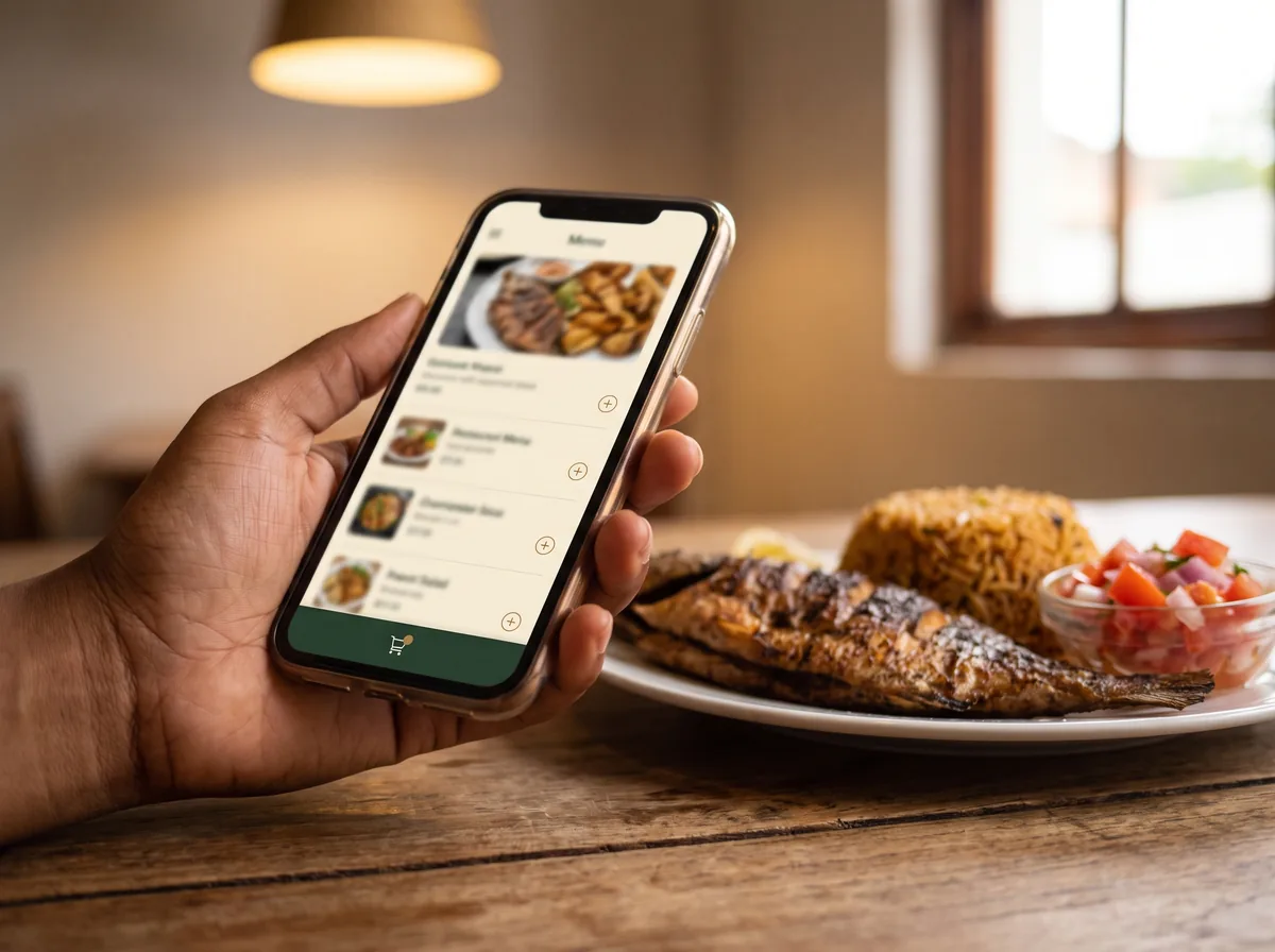 A customer choosing dishes from a restaurant menu on her phone