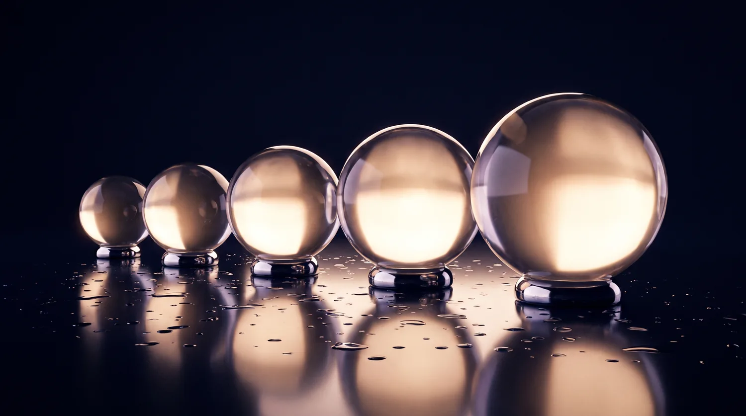 Five illuminated spheres in a row (concept)